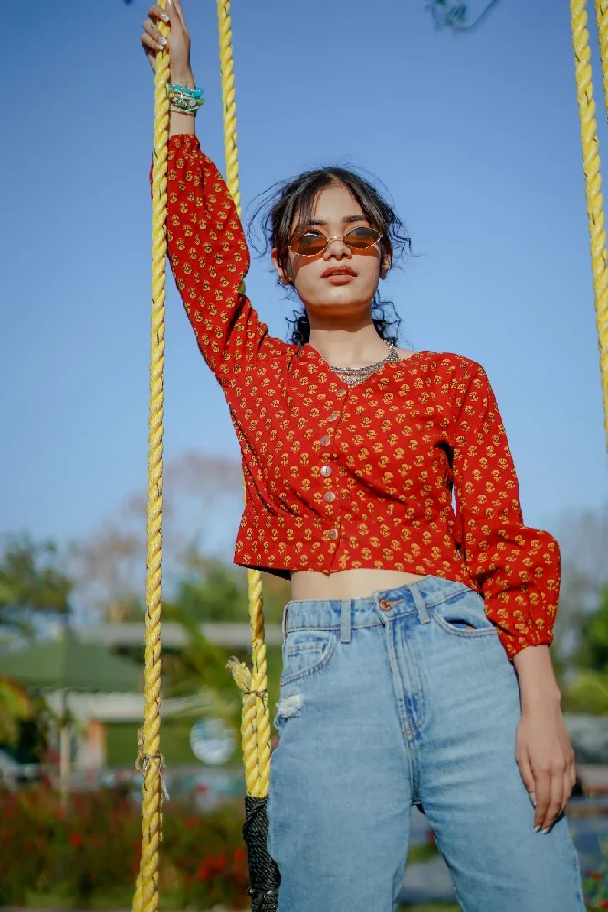 Red Cotton Crop Top with Yellow Bagh Hand-Block Print-5.webp